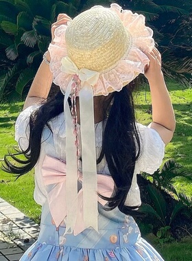 夏季甜美蕾丝蝴蝶结遮阳草帽女