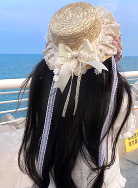 洛丽塔小雏菊蕾丝麦秆lolita草帽森系LO娘飘带软妹遮阳帽田园帽子