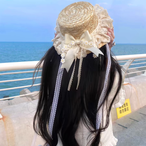 麦秆lolita草帽森系飘带遮阳帽