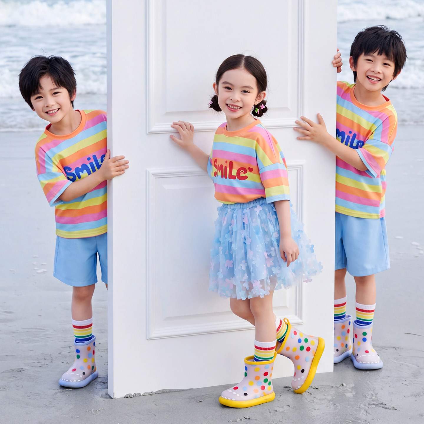 儿童套装男女童夏季彩虹条纹校服幼儿园班服演出服小学生休闲园服