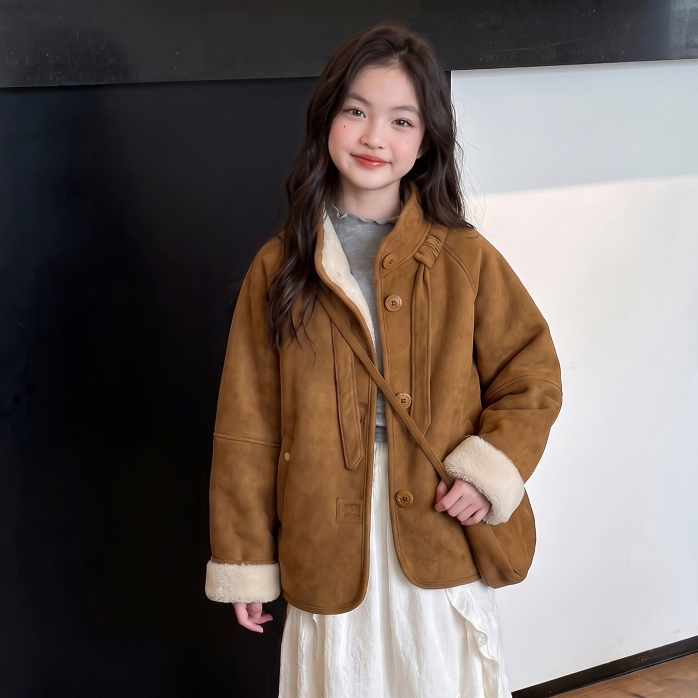 女童皮毛一体外套2026秋冬新款复古立领羊羔毛大衣加绒加厚上衣潮