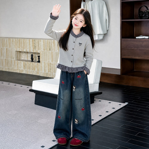 女童装秋季开衫外套牛仔长裤套装