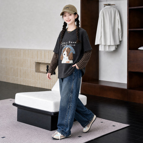 女童秋季假两件条纹上衣长裤套装