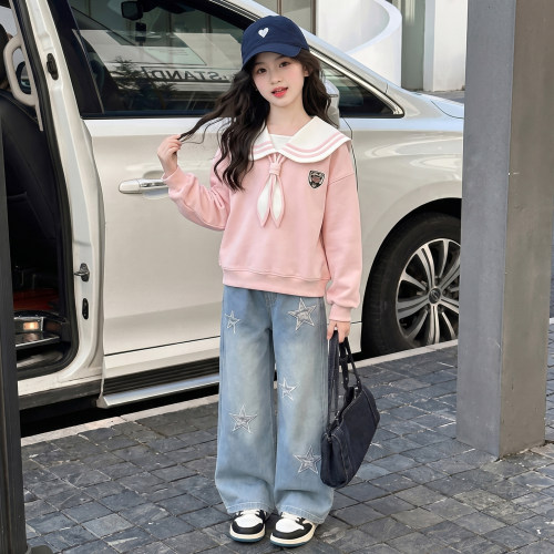 女童装秋季披肩卫衣软牛仔裤套装