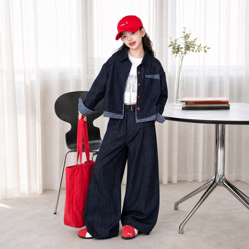 女童装春秋季格子拼接软牛仔套装