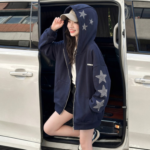 女大童秋季星星烫钻连帽开衫卫衣