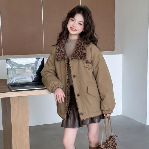 女童装秋冬季豹纹双面穿加绒外套