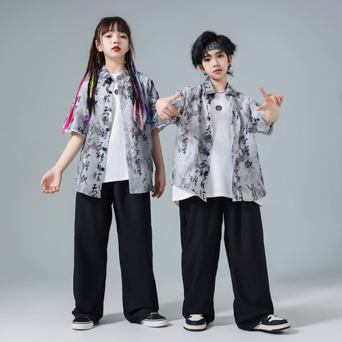 街舞儿童潮服hiphop童装男童演出服中国风女童爵士舞服装套装夏季