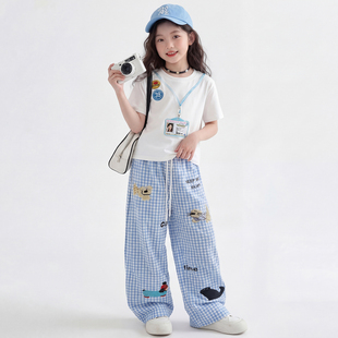 女童夏季套装2026新款女大童洋气格子裤薄款网红儿童短袖韩系穿搭