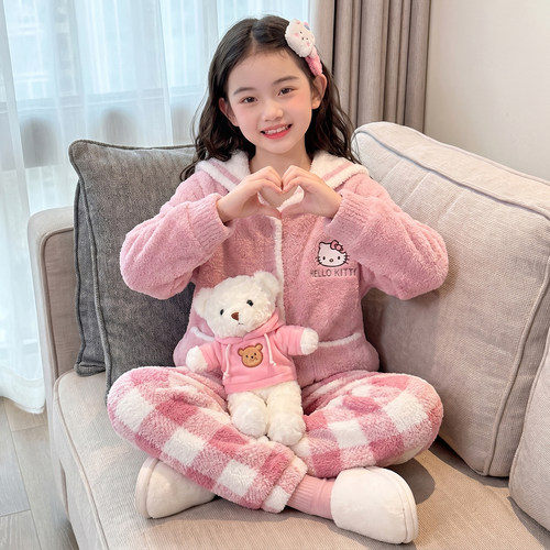 女大童秋冬季加绒连帽家居服套装