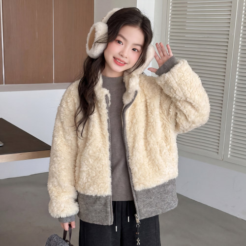 女童装秋冬季羊羔毛加厚拼接外套