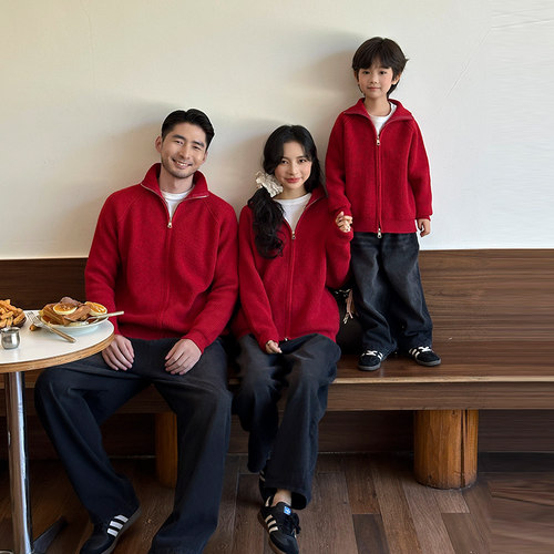 红色毛衣亲子装一家三口高级感喜庆拜年服2025冬新款半拉链针织衫
