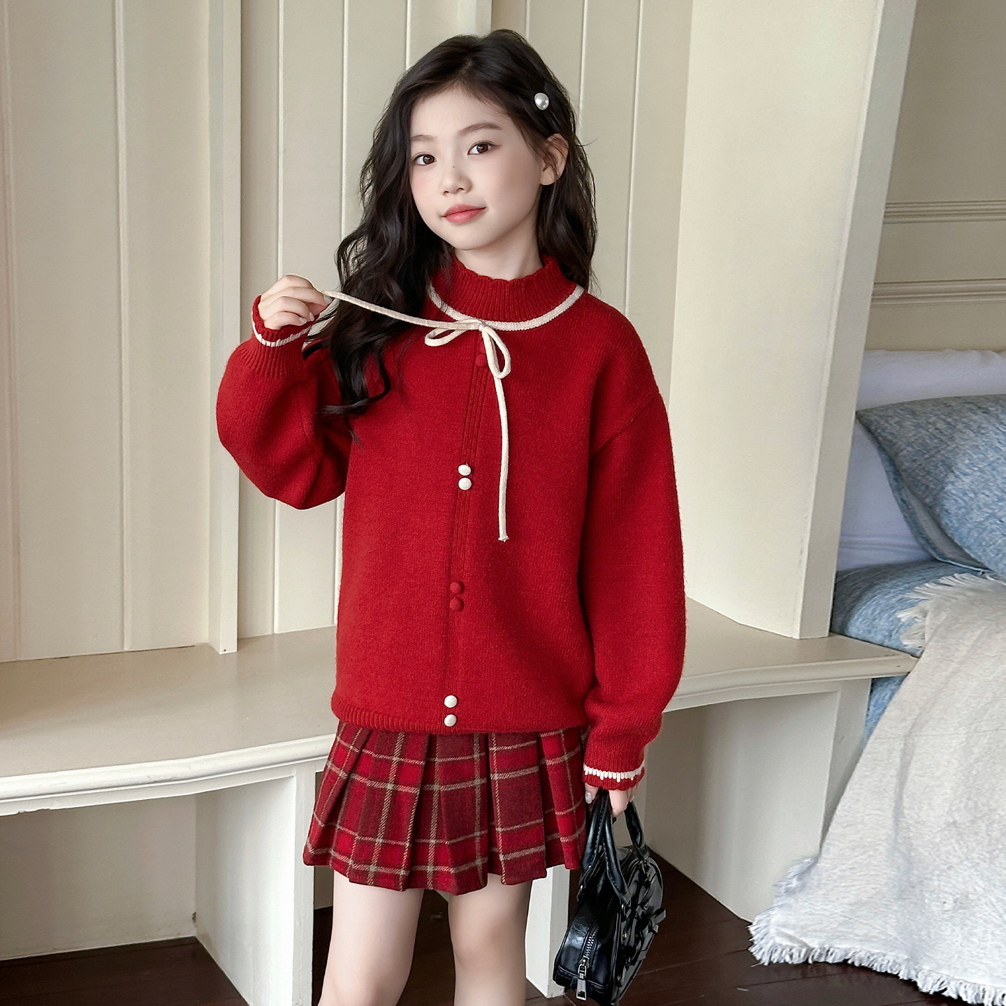 女童2025新款新年红色毛衣女孩秋冬过年服女大童加绒套装裙拜年服,童装/婴儿装/亲子装,套装,淘宝优惠券,粉丝福利购,淘宝优惠卷