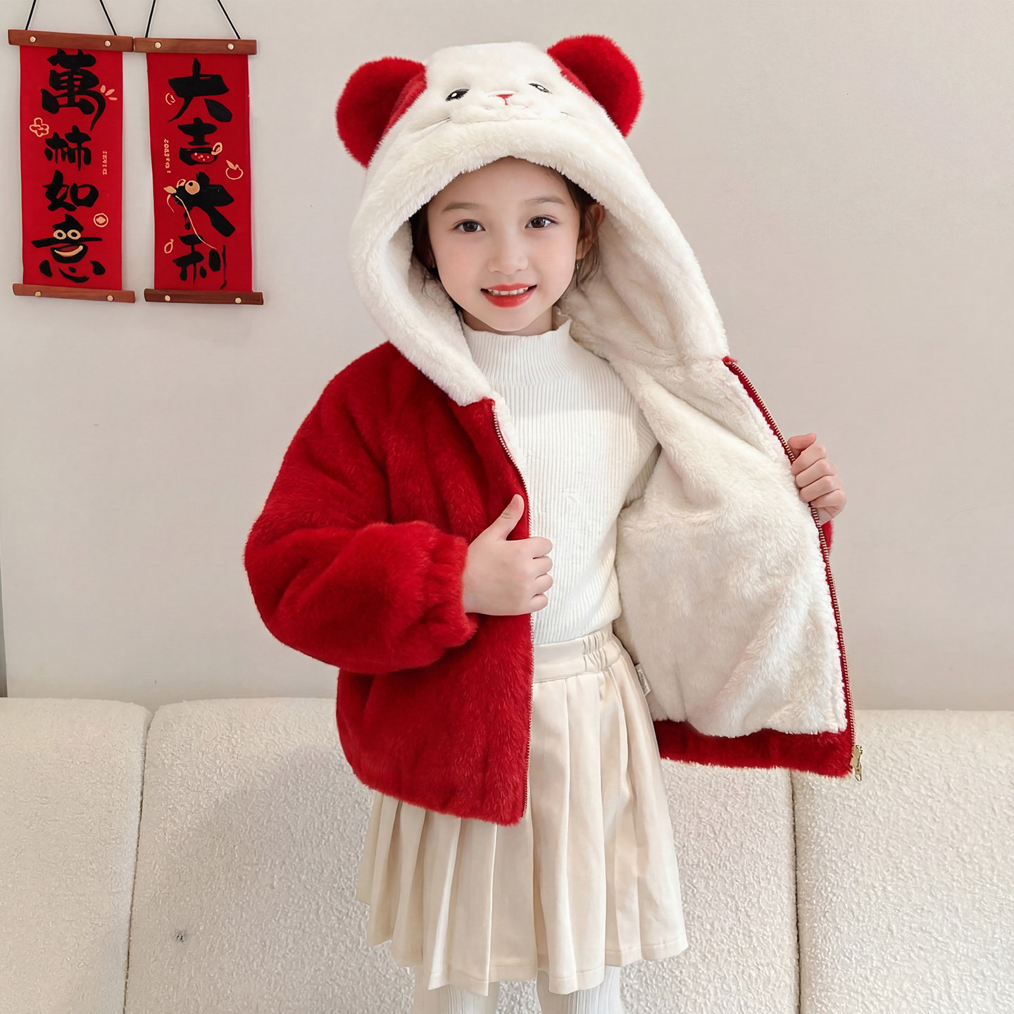 儿童仿皮草加绒加厚连帽毛毛衣女童红色拜年服冬装宝宝可爱演出服