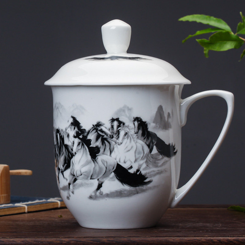利林景德镇陶瓷茶杯带盖大号骨瓷水杯办公室老板杯青花瓷杯子礼品
