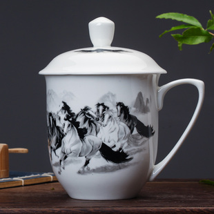 利林景德镇陶瓷茶杯带盖大号骨瓷水杯办公室老板杯青花瓷杯子礼品
