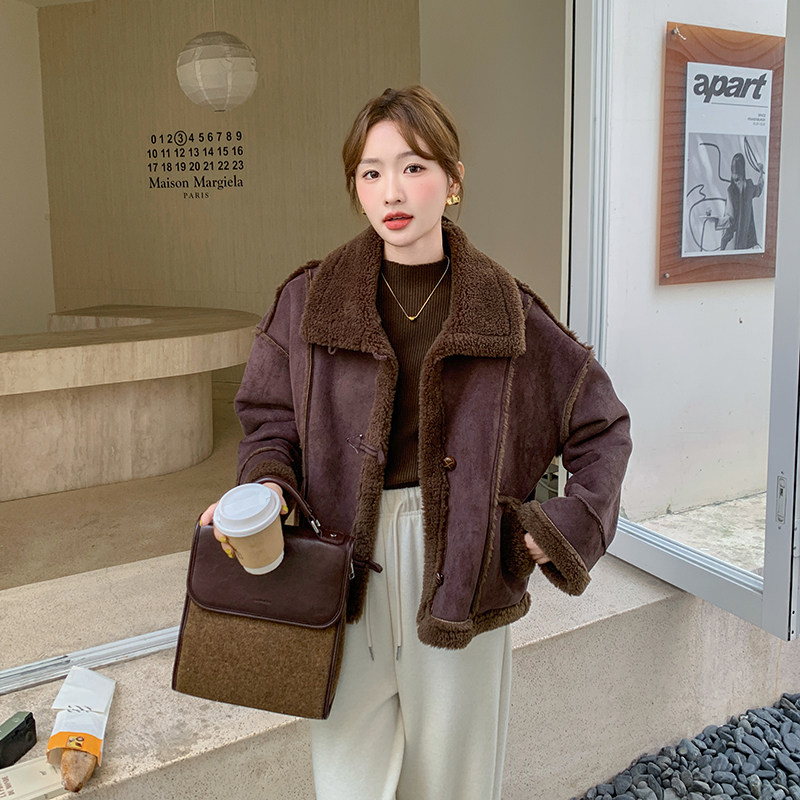 复古皮毛一体羊羔毛外套女2025冬季新款高级感加厚麂皮绒机车棉服,女装短外套,2C055
