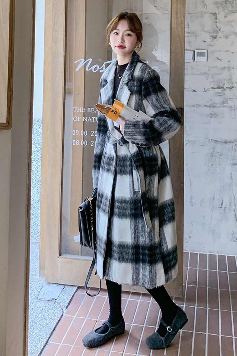 25冬装新款黑白格呢大衣2C055-5101-P185控268,女装毛呢外套,2C055