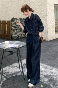 高级感复古牛仔套装女春秋2025新款超火好看漂亮衬衫阔腿裤两件套图片