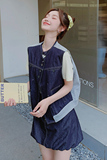 【现货】25夏装新款牛仔针织拼接马夹套装2C055-5055-P165控238，女装套装/套裙，2C055