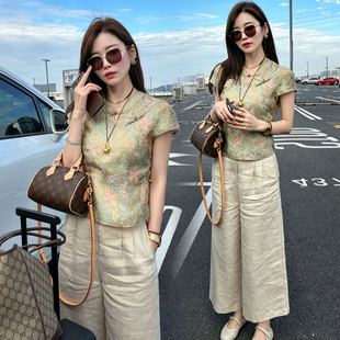 时尚新中式国风套装女2026夏季新款洋气显瘦盘扣衬衫阔腿裤两件套