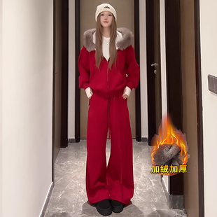 时尚气质休闲运动套装女2025冬季新款连帽卫衣弯刀阔腿裤两件套潮