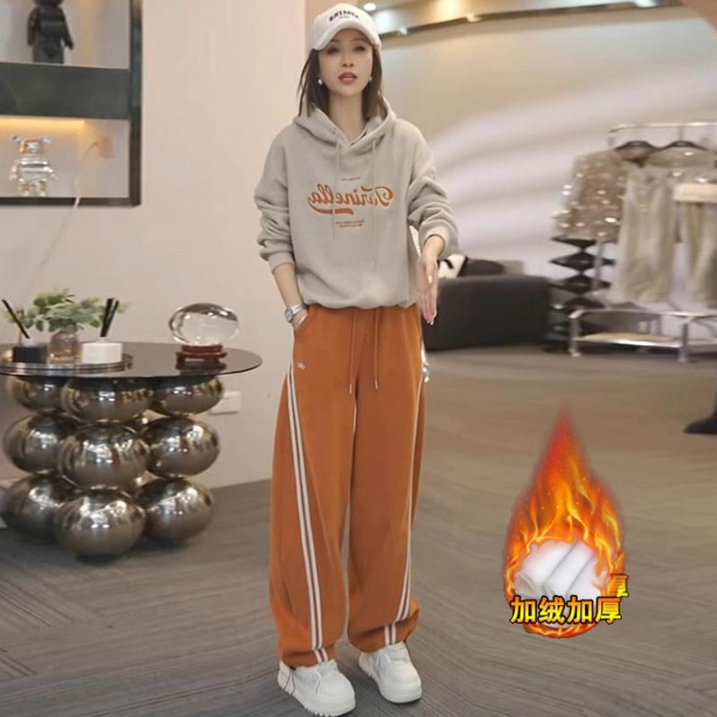 时尚套装女2025冬季新款休闲宽松连帽卫衣阔腿裤加绒加厚两件套潮