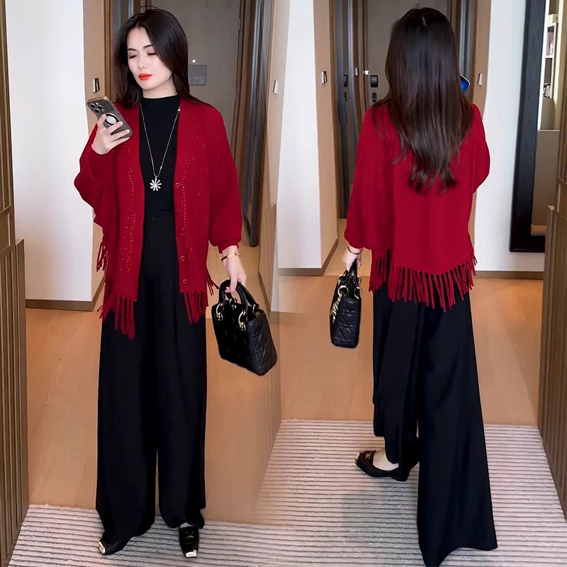针织纯色披肩女士2025春秋新款流苏开衫时尚毛衣外套阔腿裤两件套