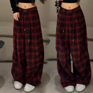 高腰松紧显瘦弯刀裤 新款 子 女2026春季 休闲复古磨毛格纹烫钻阔腿裤