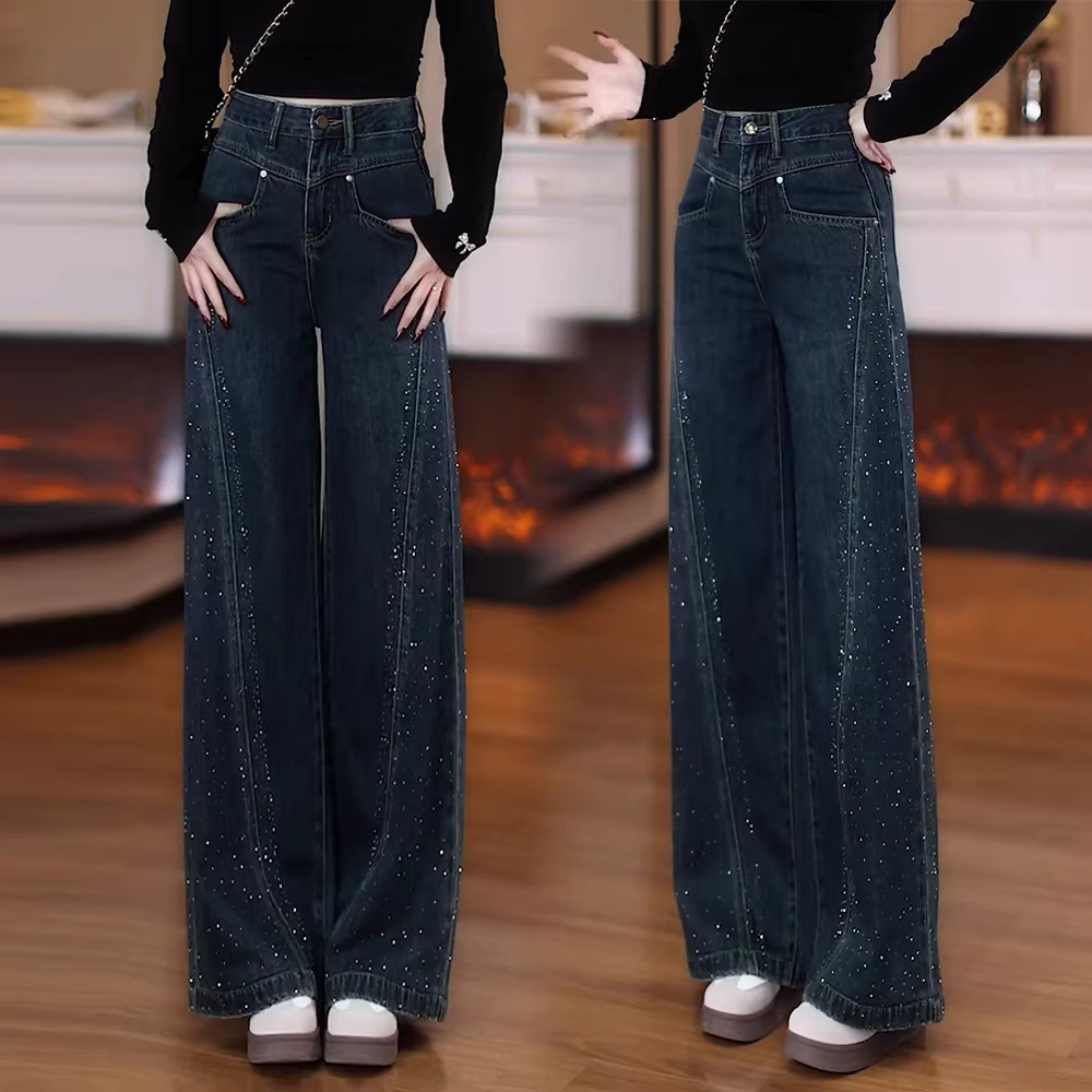 时尚烫钻高腰阔腿牛仔裤女2026春秋新款显瘦百搭小个子直筒拖地裤