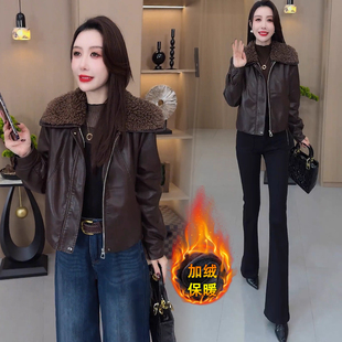 休闲保暖百搭夹克潮 新款 时尚 加绒加厚羊羔毛领皮衣外套女2025冬季