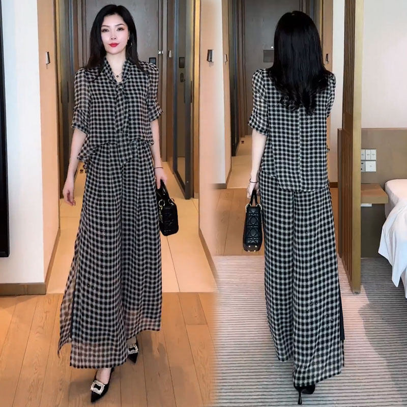 时尚套装女2026夏季新款时髦洋气格纹短袖上衣阔腿裤气质两件套潮
