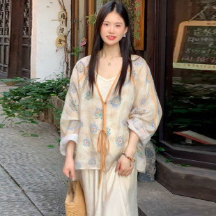 新中式国风时尚套装女2026夏季新款宽松系带印花上衣阔腿裤两件套