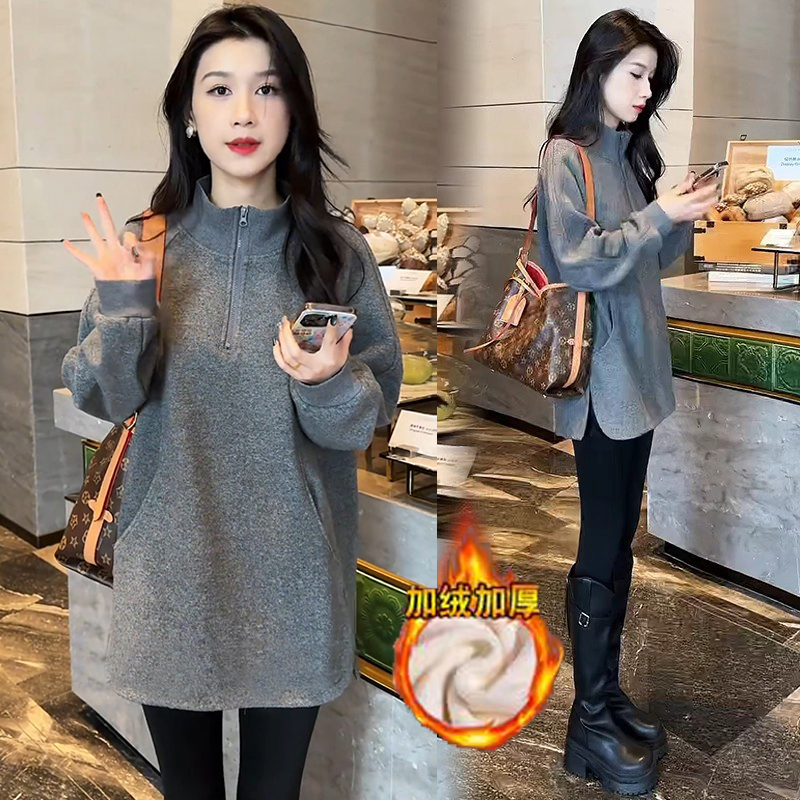 时尚加绒半拉链长袖卫衣2025秋冬新款女洋气显瘦中长款打底衫上衣