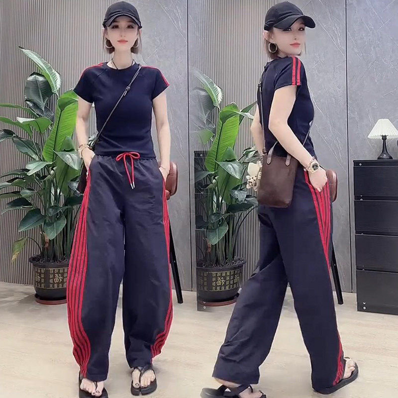 休闲运动套装女2026夏季新款洋气显瘦撞色短袖T恤阔腿裤两件套潮