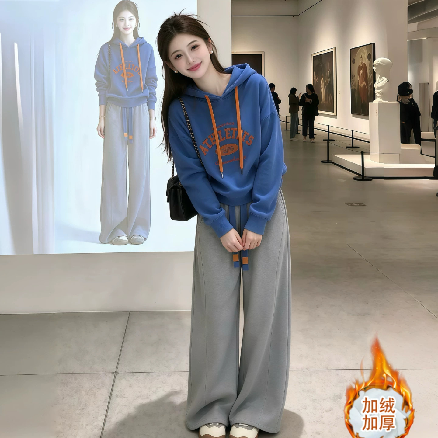 加绒加厚休闲套装女秋冬新款韩版宽松连帽卫衣阔腿裤运动两件套潮