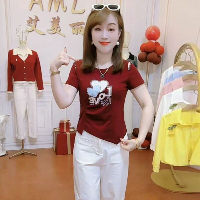 短袖T恤女2026春夏新款时髦洋气爱心烫钻设计感下摆短款修身上衣