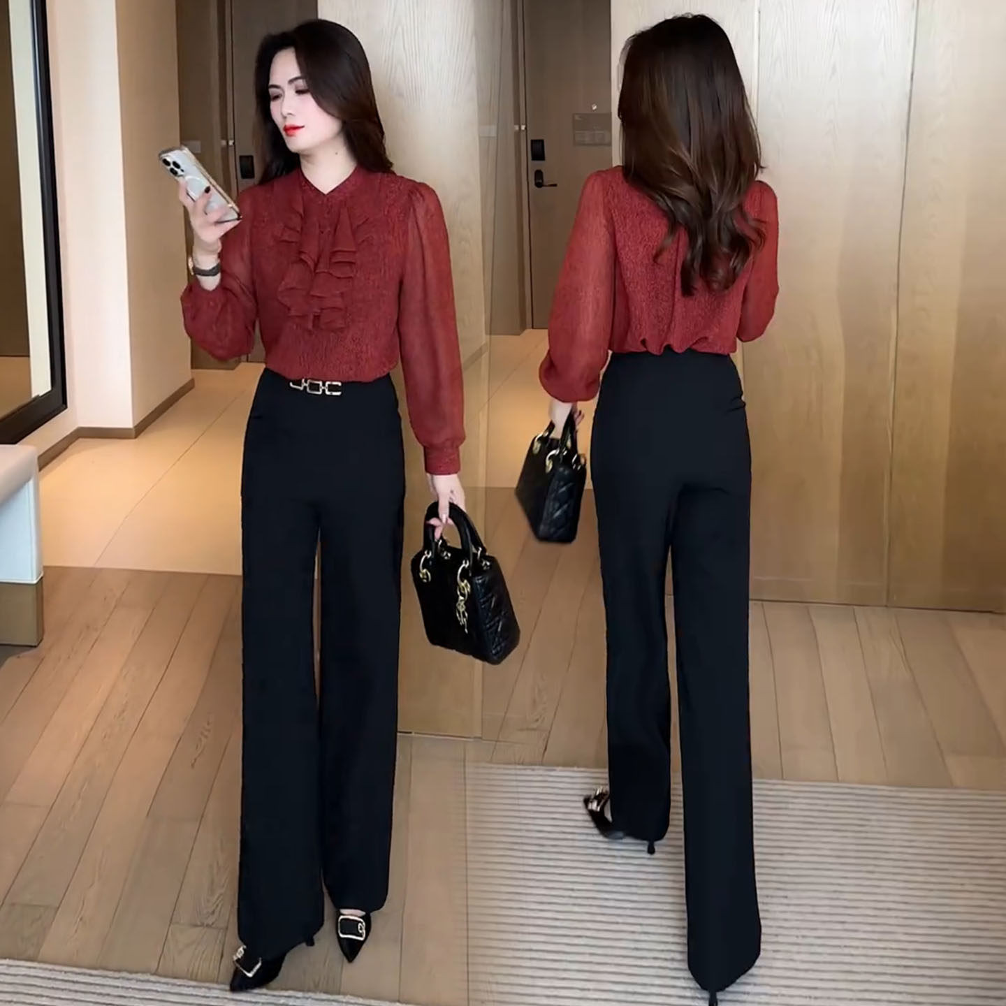 时尚气质套装女2026春季新款洋气显瘦雪纺衬衫上衣阔腿裤两件套潮