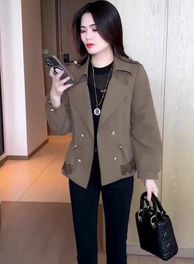 2025新款时尚百搭蕾丝拼接风衣女短款小个子外套洋气显瘦抽绳上衣