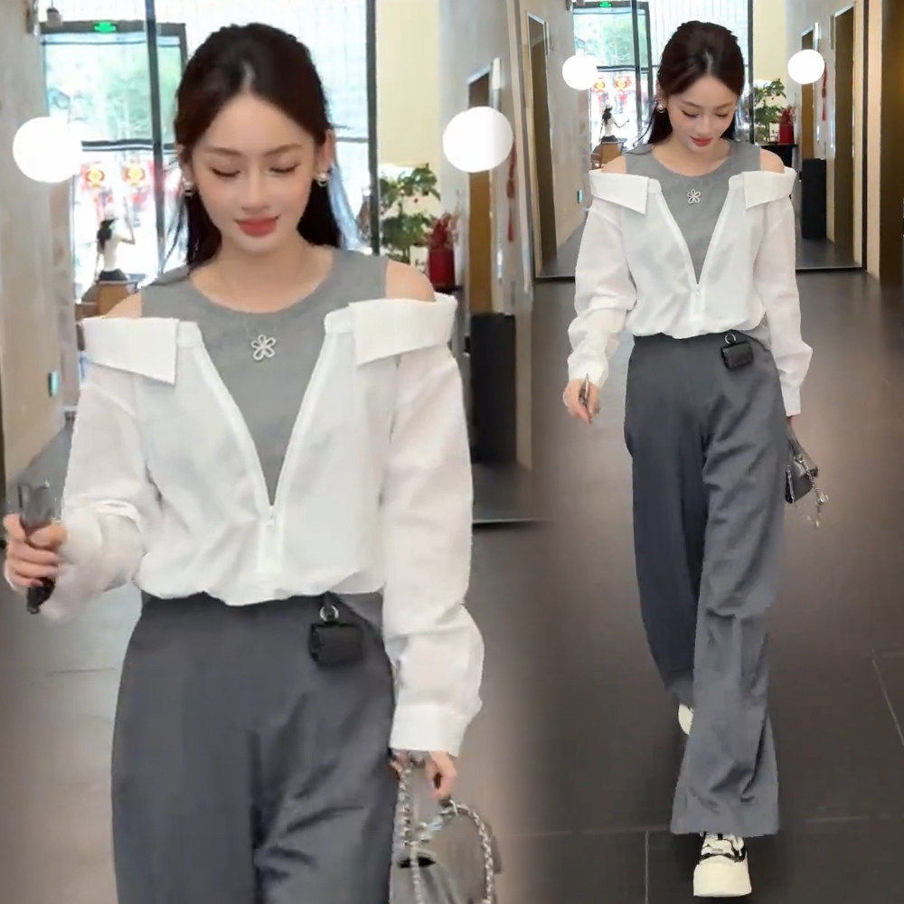 法式露肩假两件衬衫女2026春季新款时尚小众设计感拼接长袖上衣潮
