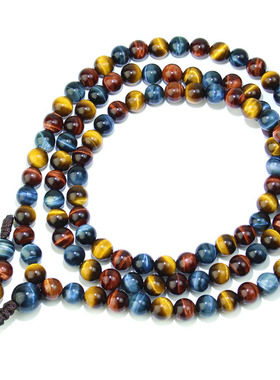 108颗佛珠虎眼石三彩手链虎睛石情侣手串多圈水晶饰品无染色石头