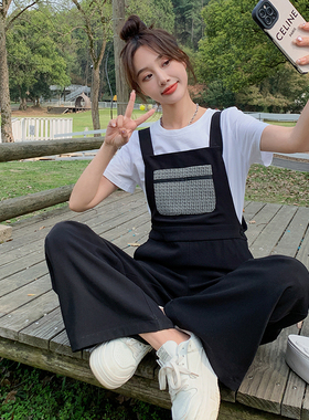 设计感黑色背带裤女夏季2024年新款小个子休闲百搭撞色阔腿长裤子