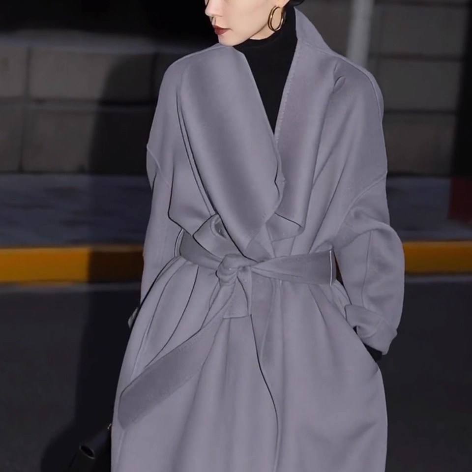 高级感【博主同款】定制时髦酷飒系带一粒扣羊毛双面毛呢大衣女冬