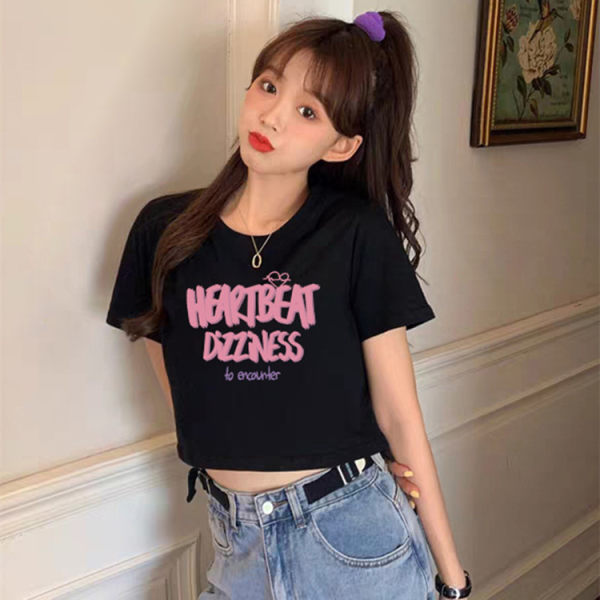 2025新款短袖T恤女黑色短款正肩夏装上衣甜辣风美式修身露脐包邮