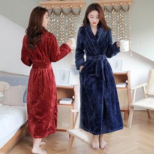 浴袍男双面加绒加厚防寒保暖睡衣女 一体式 长款 珊瑚绒睡袍女冬修身