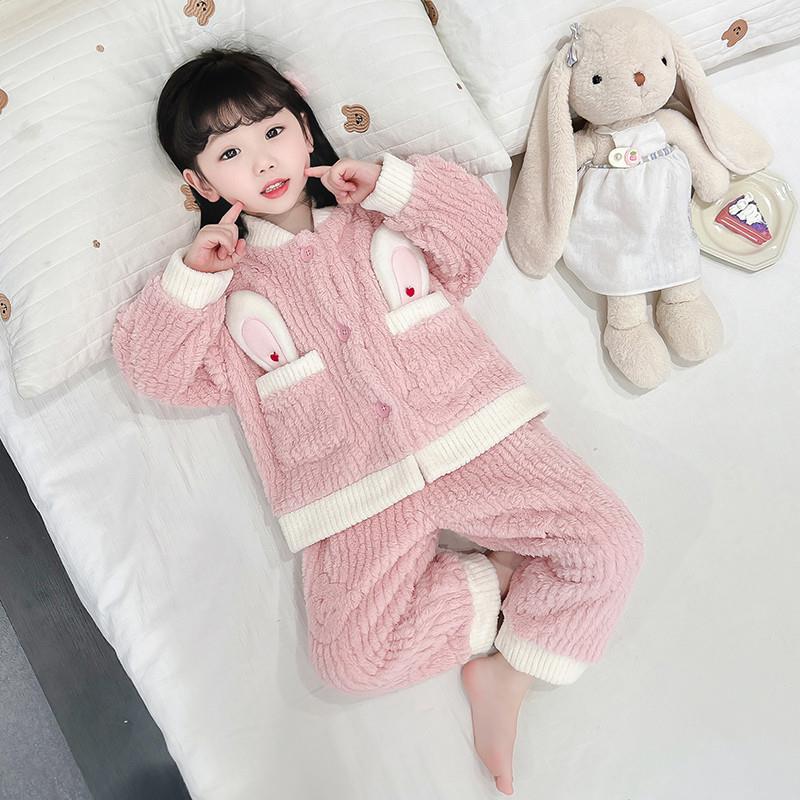 女童珊瑚绒睡衣秋冬季新款儿童法兰绒加绒加厚套装女孩家居服冬款