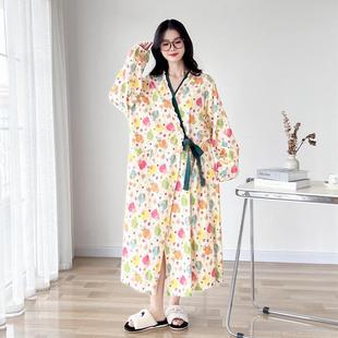 睡裙女200斤春秋长袖 日系纯棉睡袍加大码 甜美和服宽松晨袍家居服
