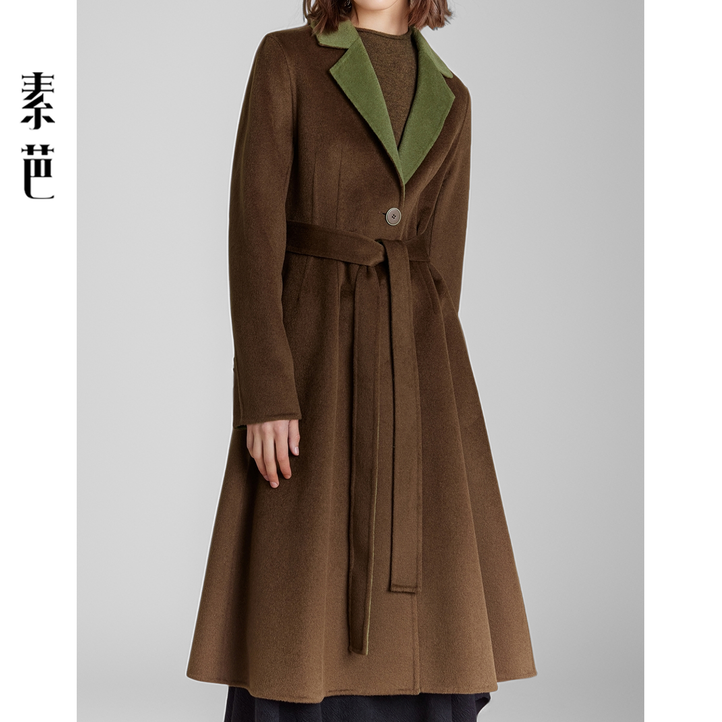 素芭撞色收腰双面呢大衣中长款