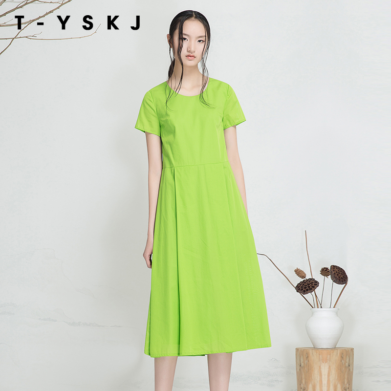̨ÐåTYSKJ 2018ÏÄװпîͨÇÚ¼òÔ¼Ô²Áì¶ÌÐäÅ®³¤È¹´¿É«Á¬ÒÂȹF20197