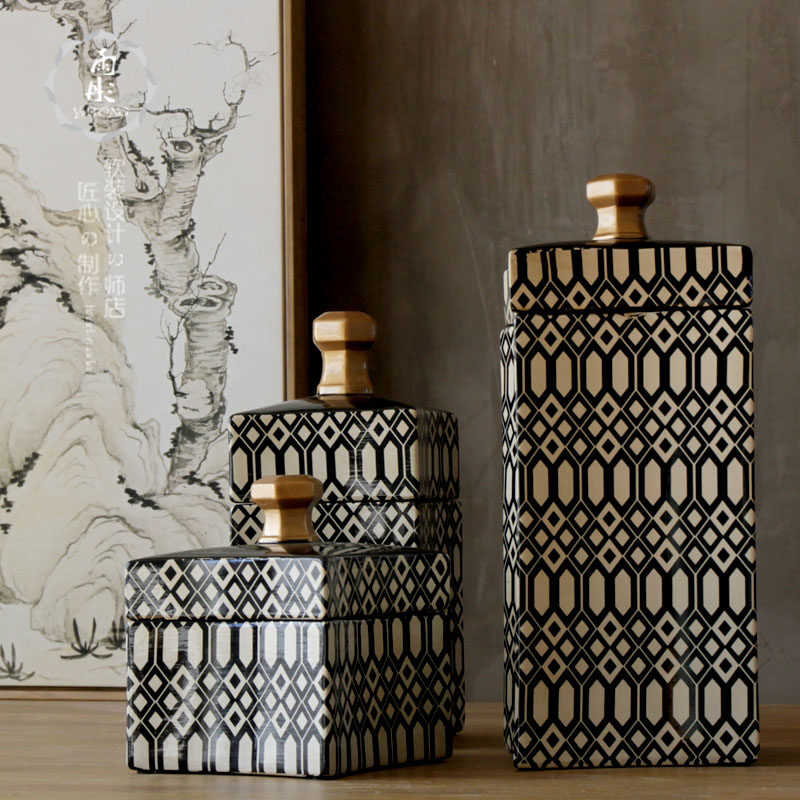 创意摆件彷古中式现代风描金绘画 画陶瓷罐家居客厅装饰摆件